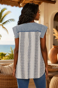 Surelymine - Denim Bow Plaid Tunic Top