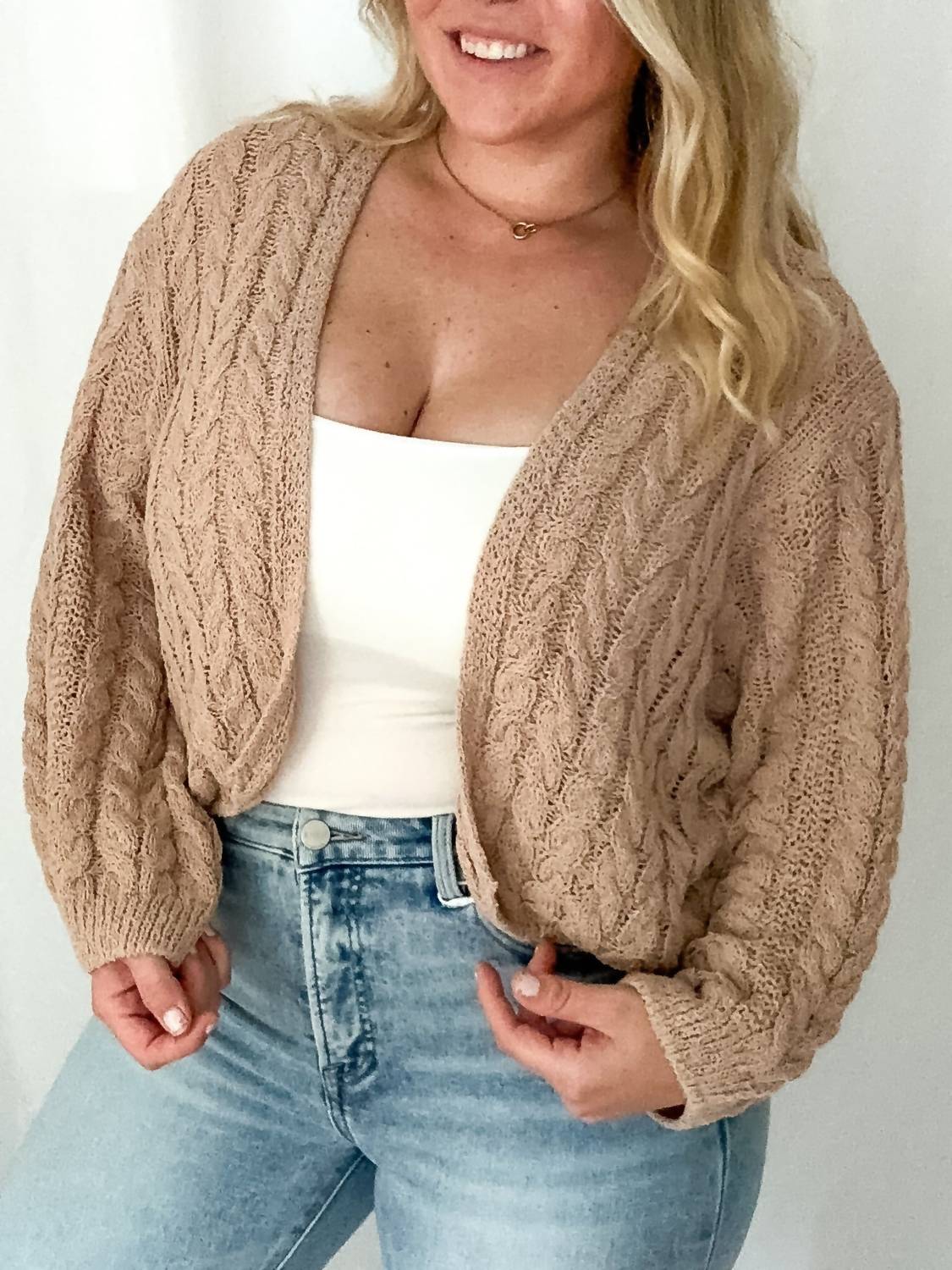 MIOU MUSE Seabreeze Light Weight Cable Knit Cardigan in tan - women's cardigan