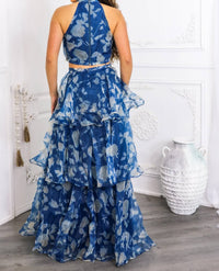 Surelymine - Tiered Ruffle Two-piece Set Halter Crop Top & Maxi Skirt
