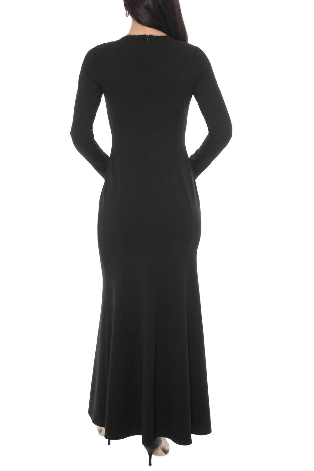 Oleg Cassini - Women's Long Sleeves Sheath Silhouette Skirt Front Slit Maxi Dress