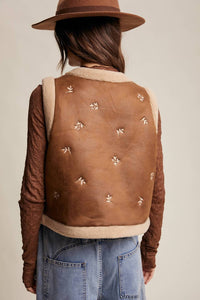 Listicle - Embroidered Faux Suede Shearling Vest