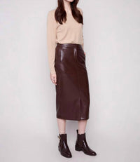 CHARLIE B Faux Leather Midi Skirt in cabernet 1 - women's skirt