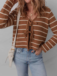 la society Tie Front Stripped V-neck Cardigan in caramel - women's cardigan - alternate view