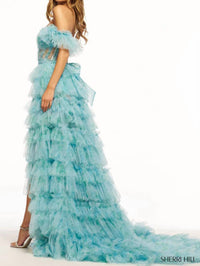 Sherri Hill Ruffle Corset Slit Gown in aqua print - women's dress - detail view