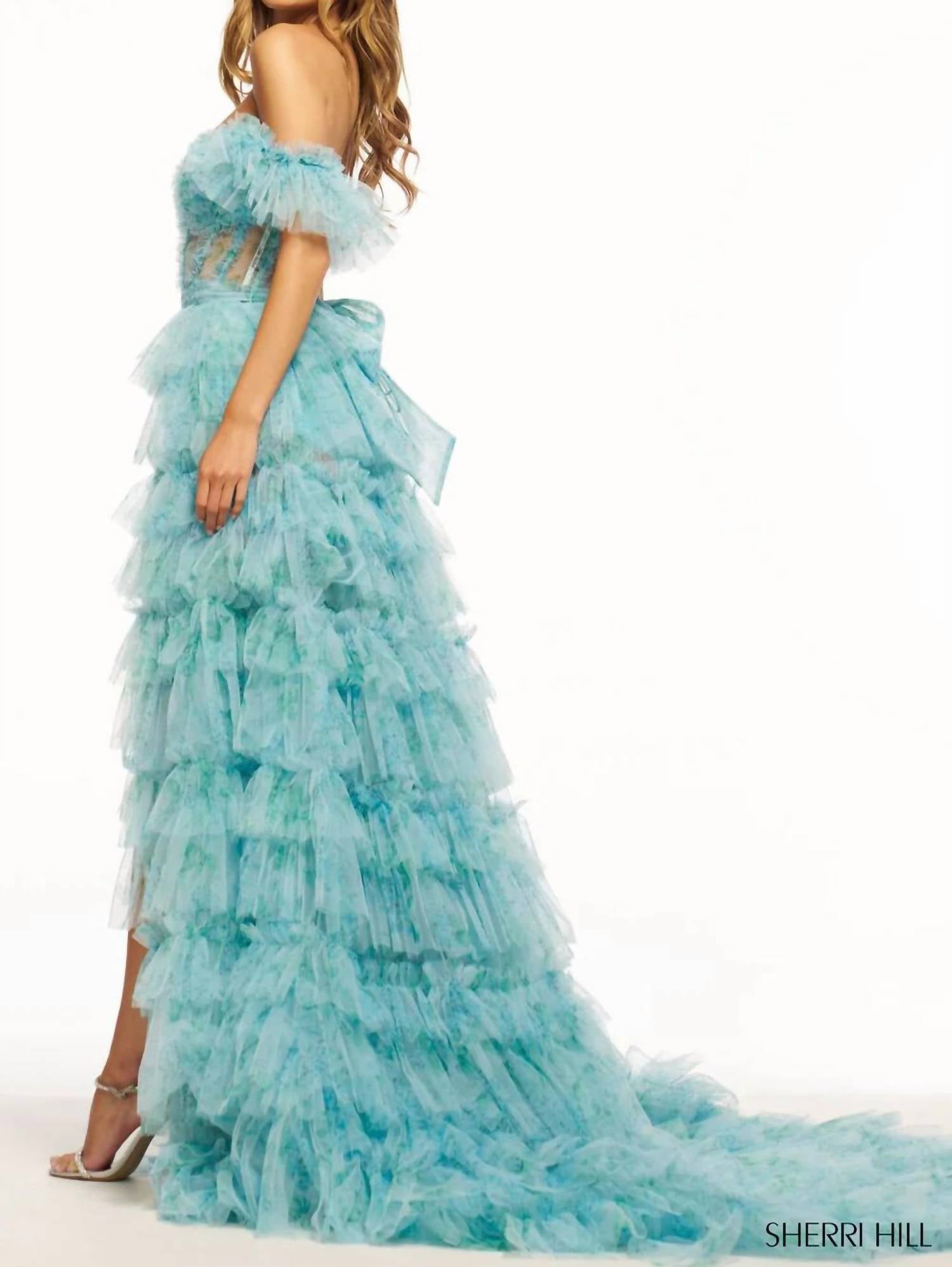 Sherri Hill Ruffle Corset Slit Gown in aqua print - women's dress - detail view
