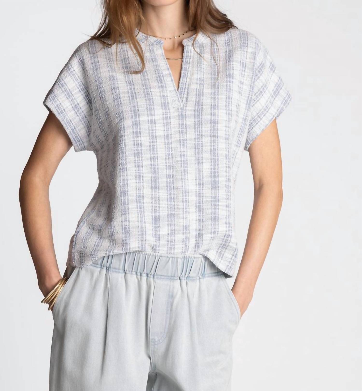 Thread & Supply Zaria Short Sleeve Top in blue white - women's blouse