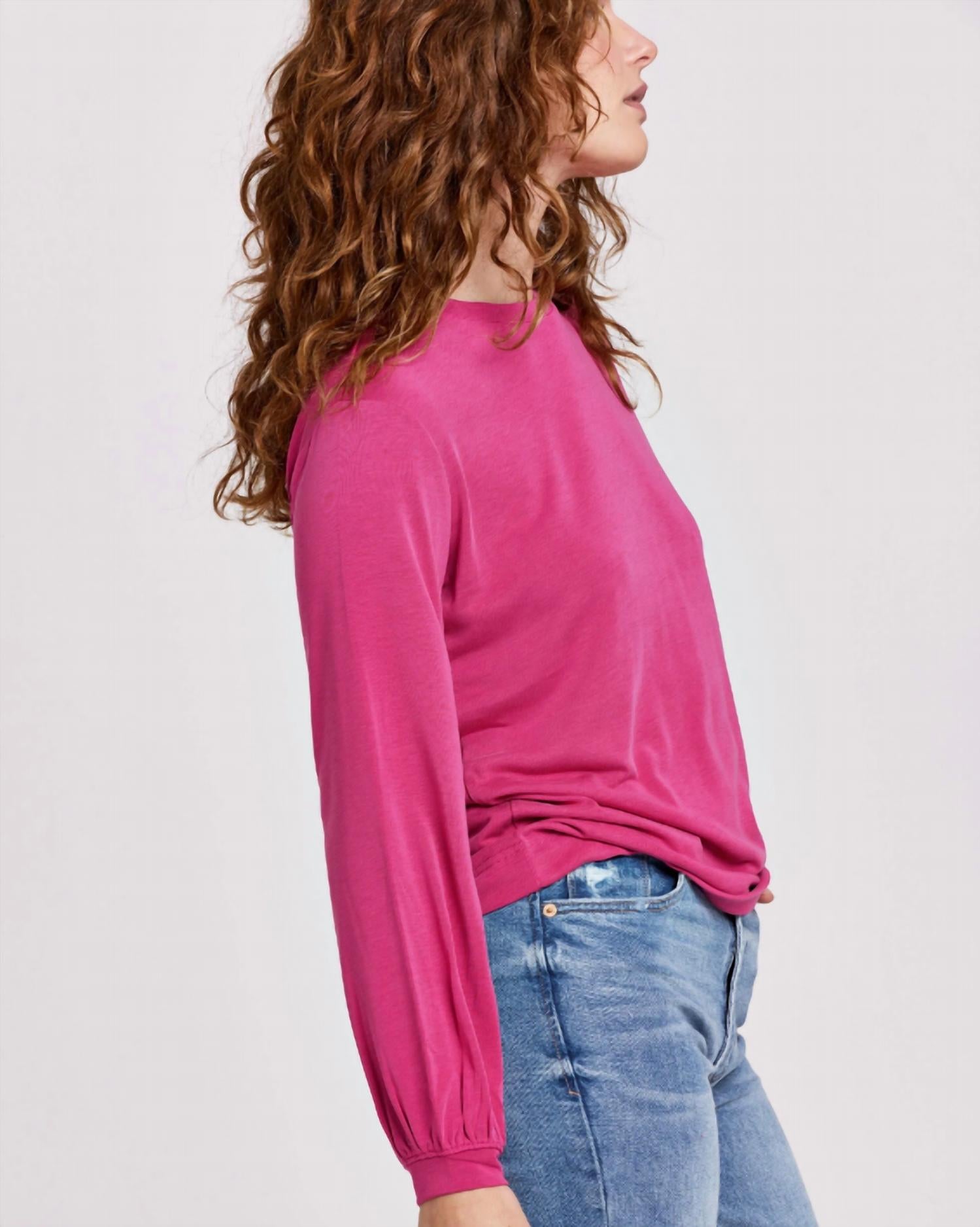 Another Love Matilda Crewneck Long Sleeve Tee Top in azalea - women's long sleeve top - detail view