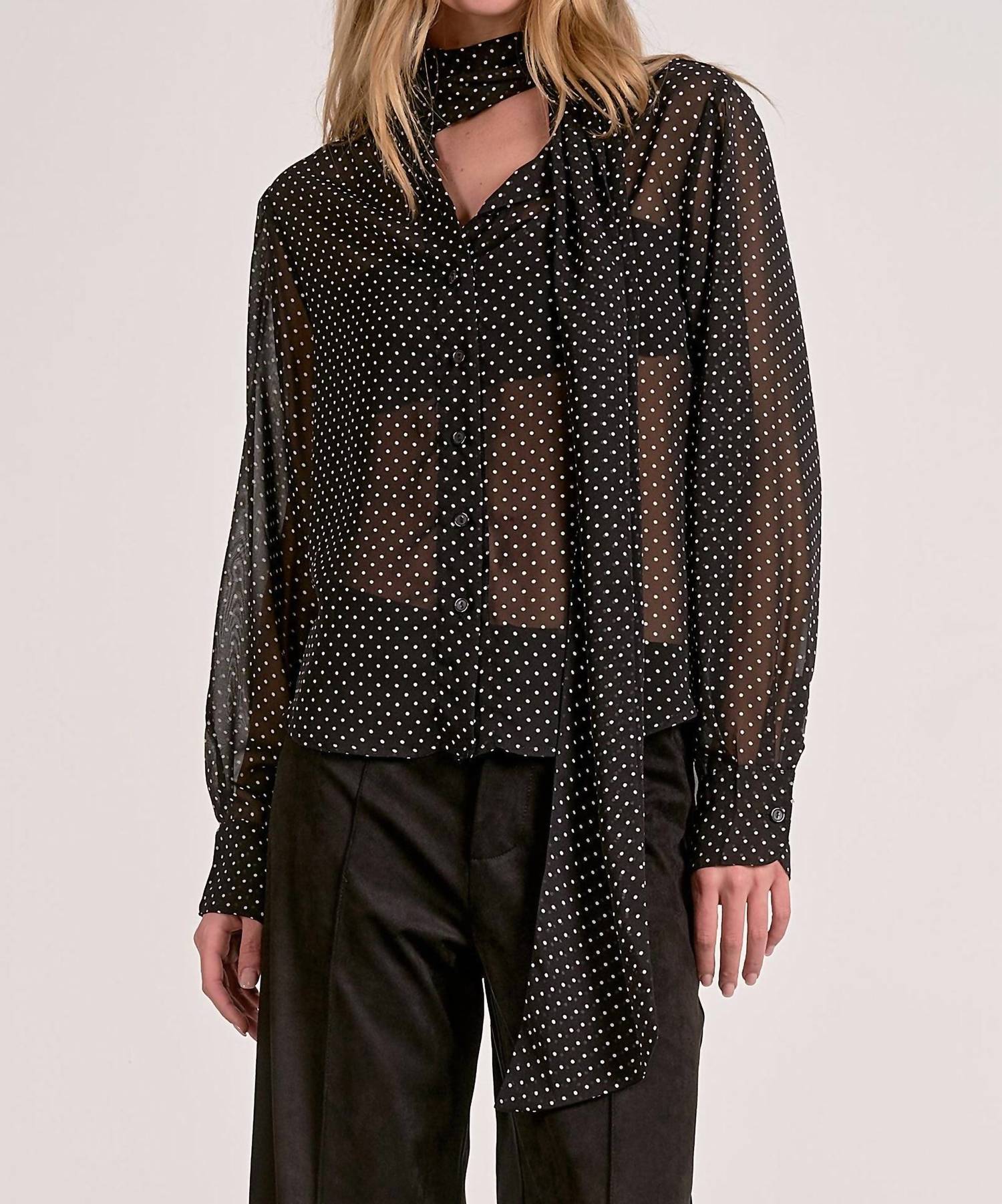Elan - Polka Dot Bow Tie Blouse Top