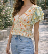 Mystree - Flutter Sleeve Mesh Tiered Top
