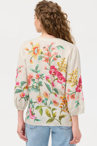 Johnny Was Split Neck Linen Blouse in ecru miraze - women's blouse - detail view