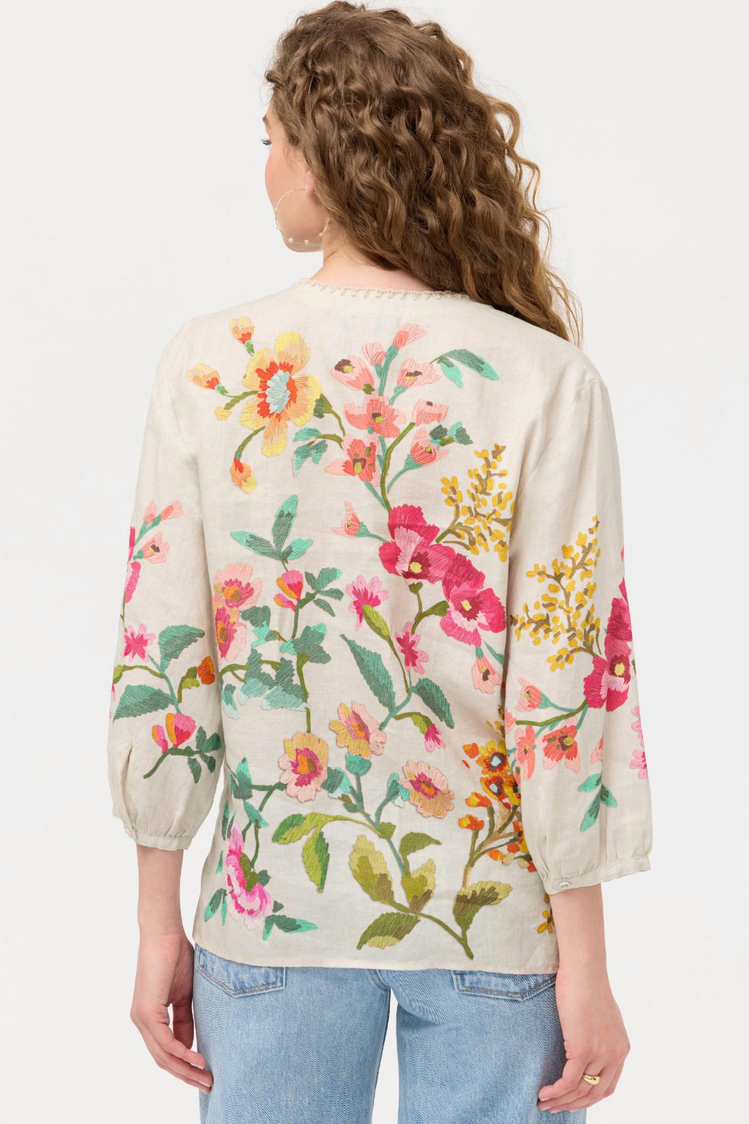 Johnny Was Split Neck Linen Blouse in ecru miraze - women's blouse - detail view