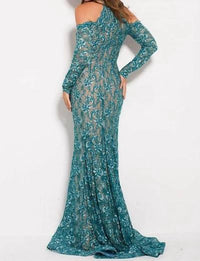 Jovani - Long Sleeve Cold-shoulder Lace Evening Gown