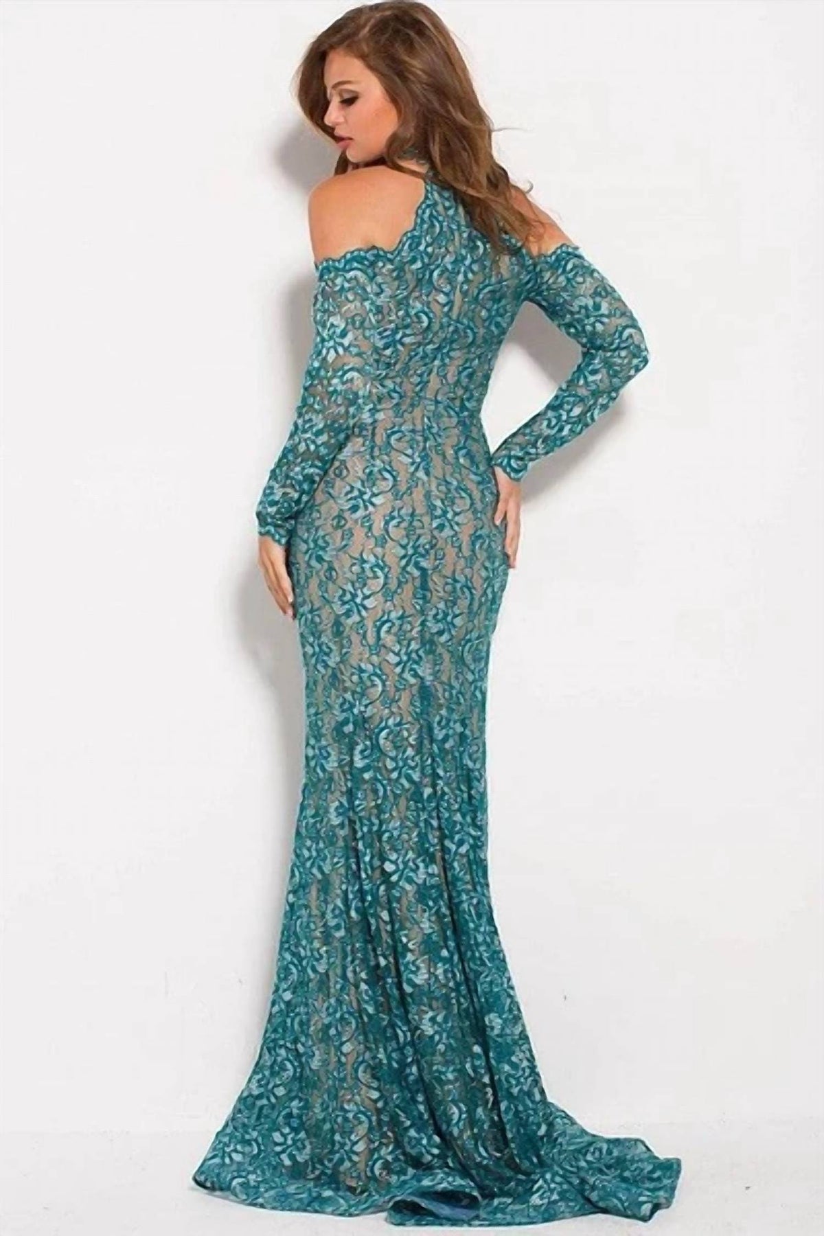 Jovani - Long Sleeve Cold-shoulder Lace Evening Gown
