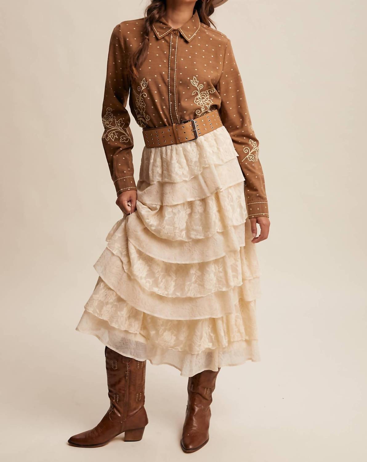 Listicle Caspia Embroidered Western Shirt in brown - women's blouse - view 10