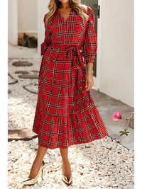 Little Daisy Closet - Plaid Tie Waist Ruffle Hem Midi Dress