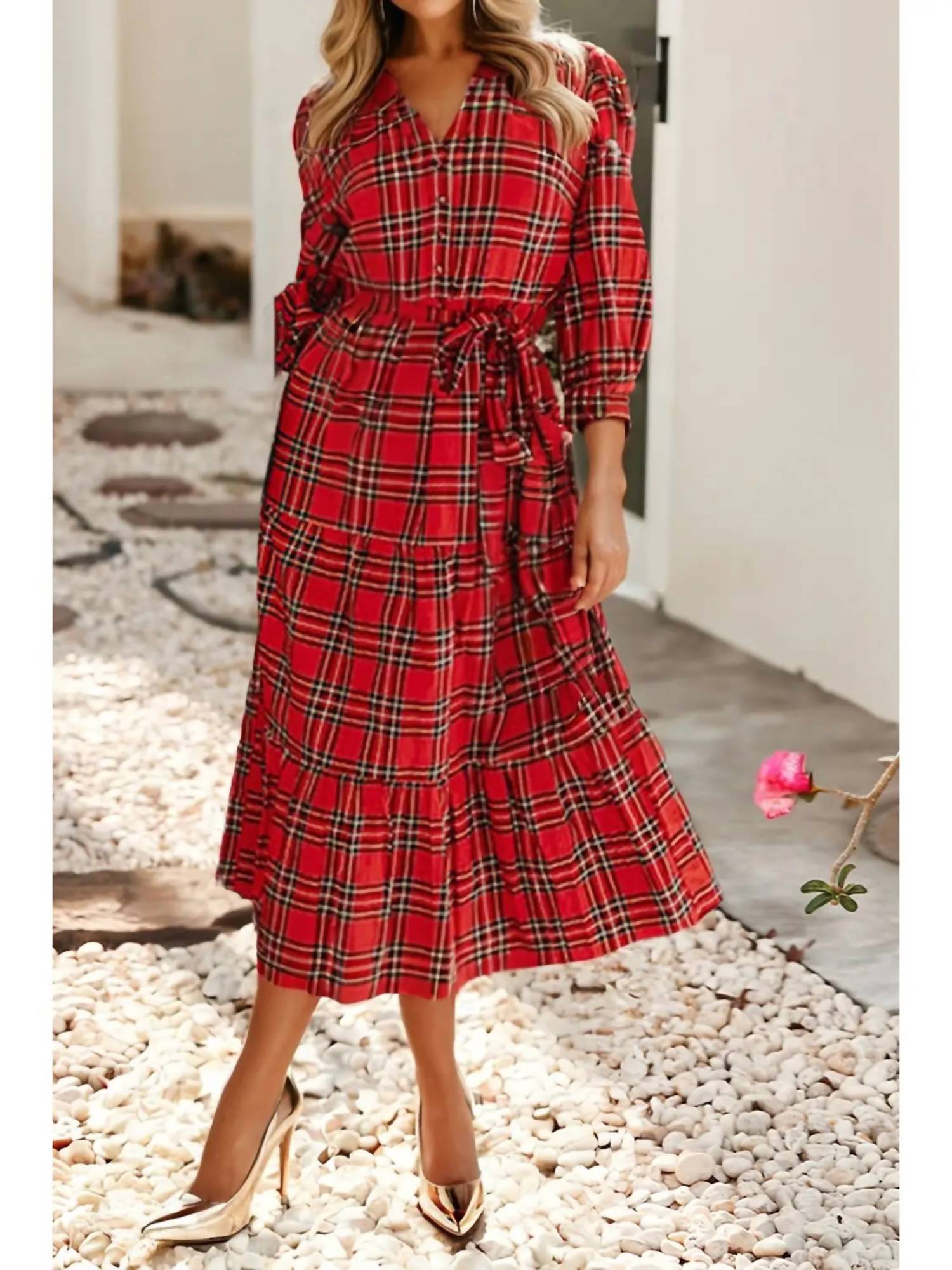 Little Daisy Closet - Plaid Tie Waist Ruffle Hem Midi Dress