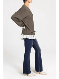 Miss Me - Women's Chiffon Trim Lace Up Sweater