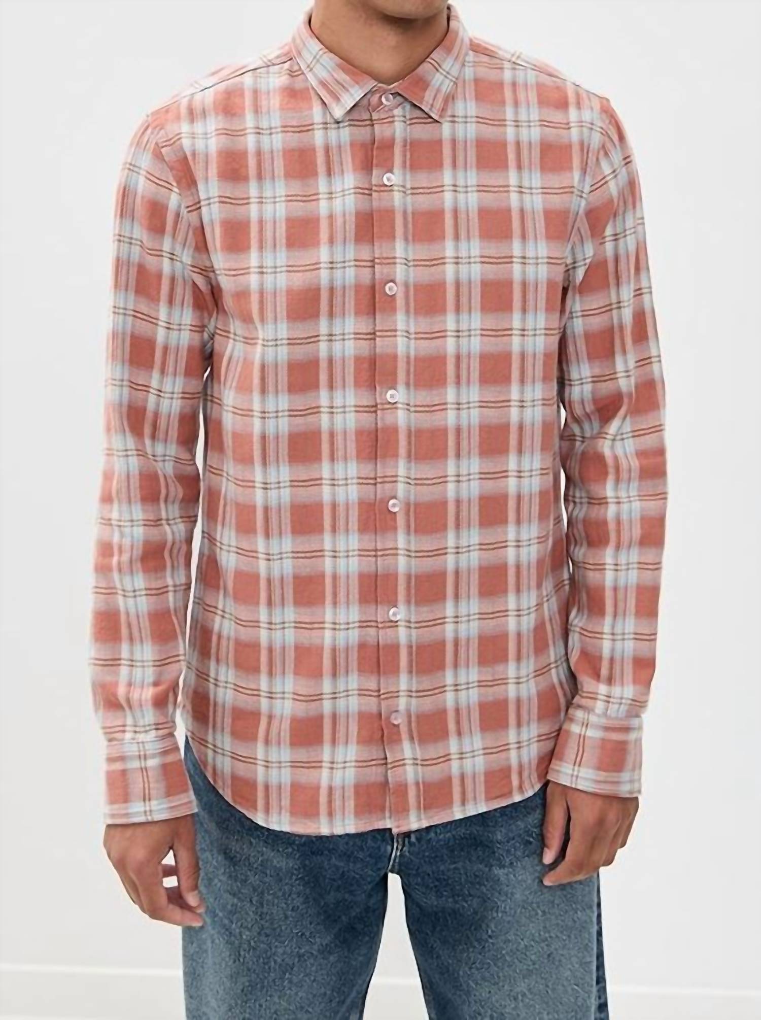 SAVE KHAKI UNITED Japanese Slub Flannel Shirt in burnt orange - men's long sleeve top