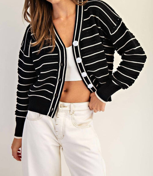 Ee:Some - Textured Open Stitch Striped Knit Cardigan