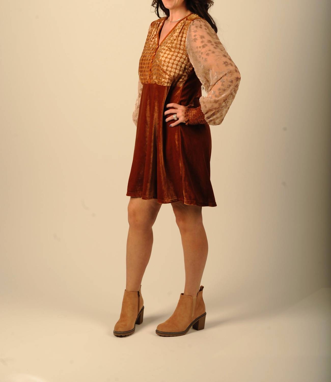 mystree Velvet Mix Mini Dress in gold brown - women's dress - alternate view
