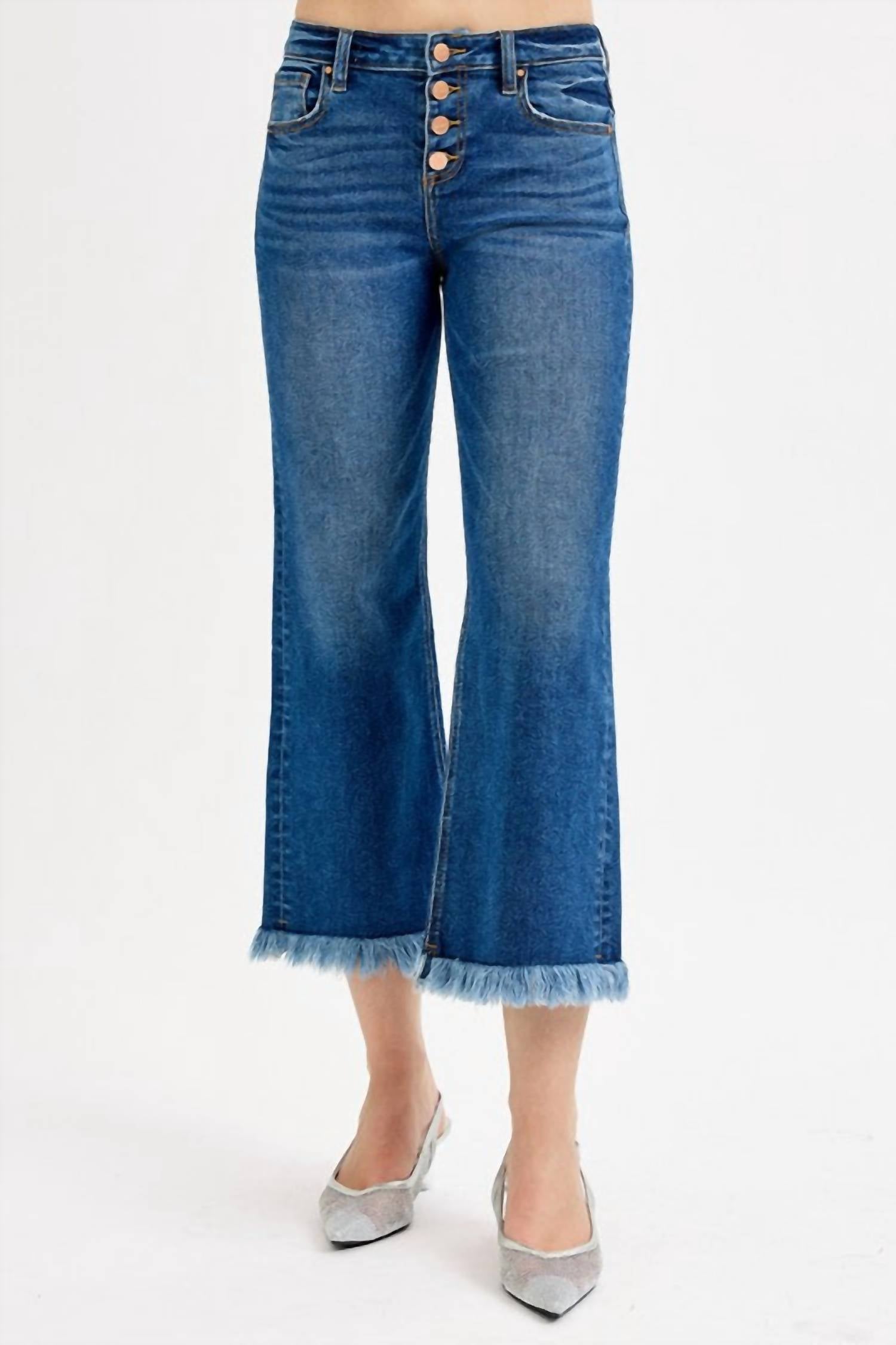 Risen - Mid Rise Crop Wide Button Down Jeans