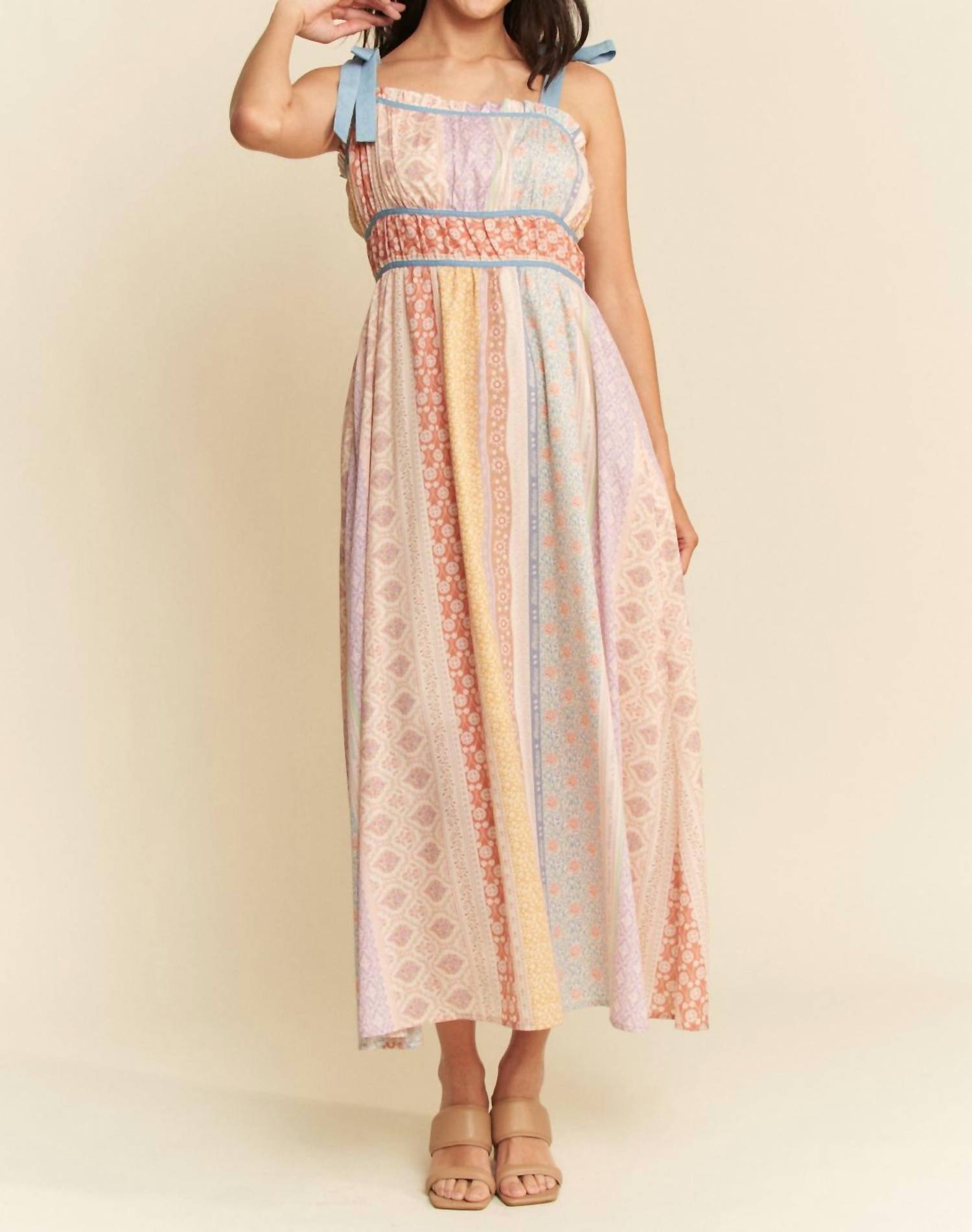 Davi & Dani - Contrast Ruffle Trim Striped Midi Dress