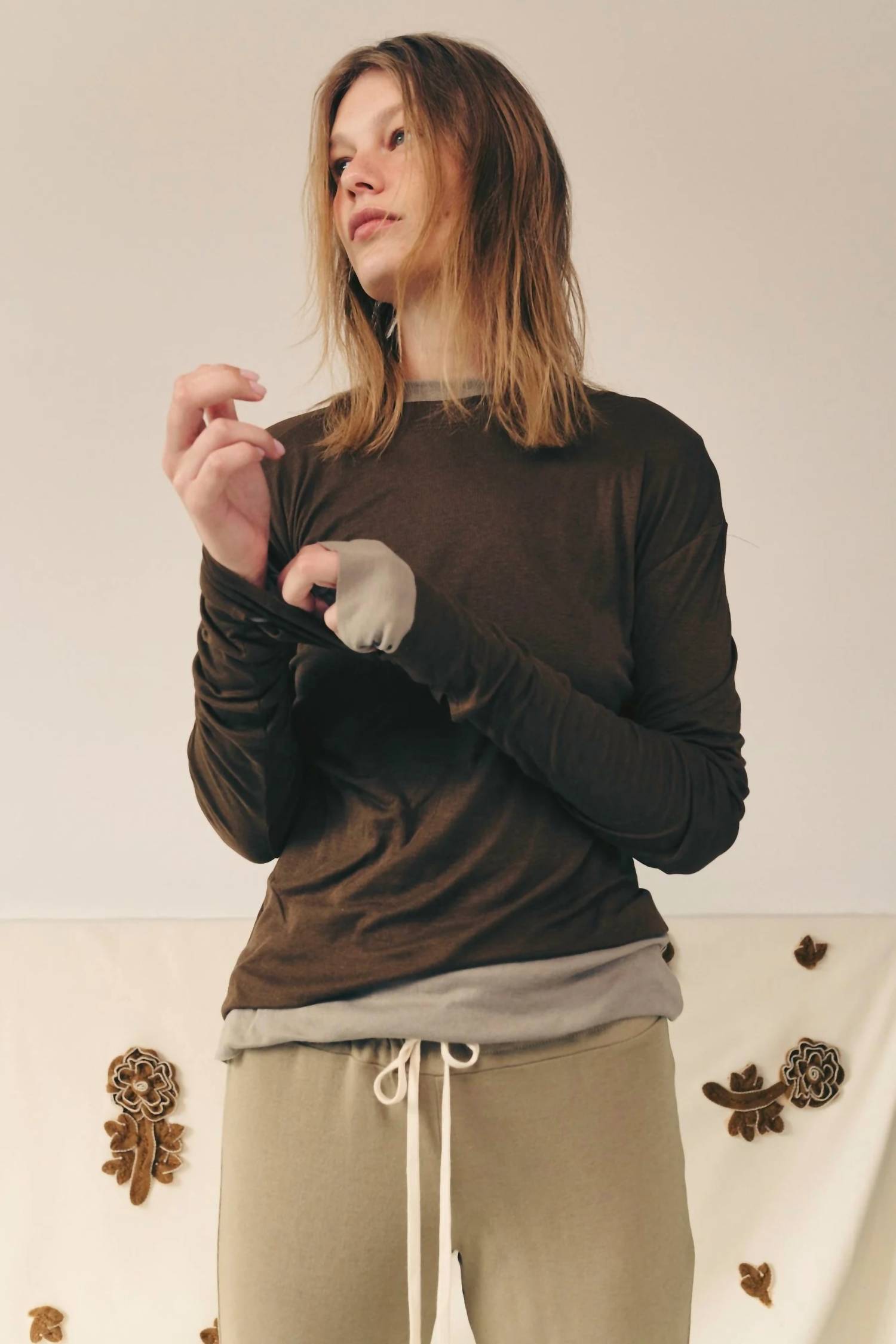 Mila Clothing Long Sleeve Crewneck Tee in brown - women's long sleeve top - alternate view
