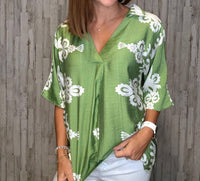 umgee Laney V-neck Top in green - women's blouse - detail view