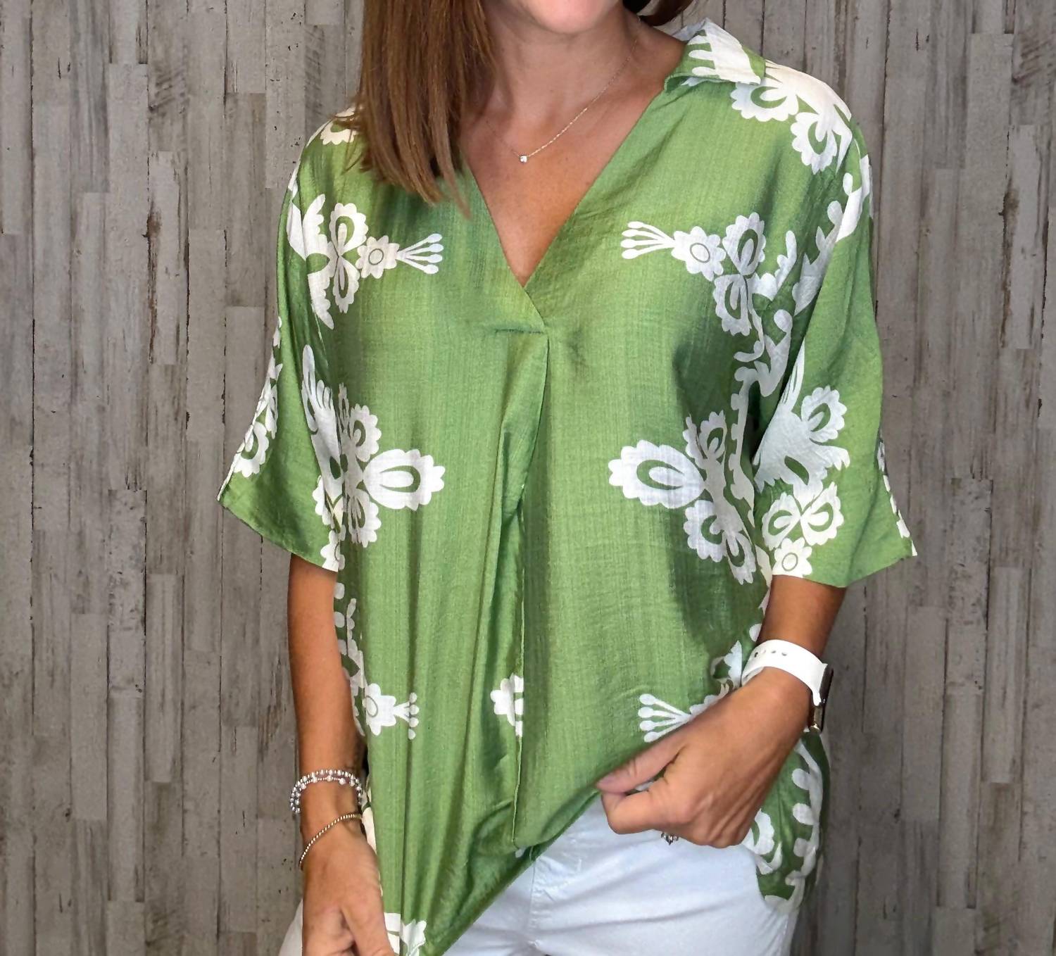 umgee Laney V-neck Top in green - women's blouse - detail view