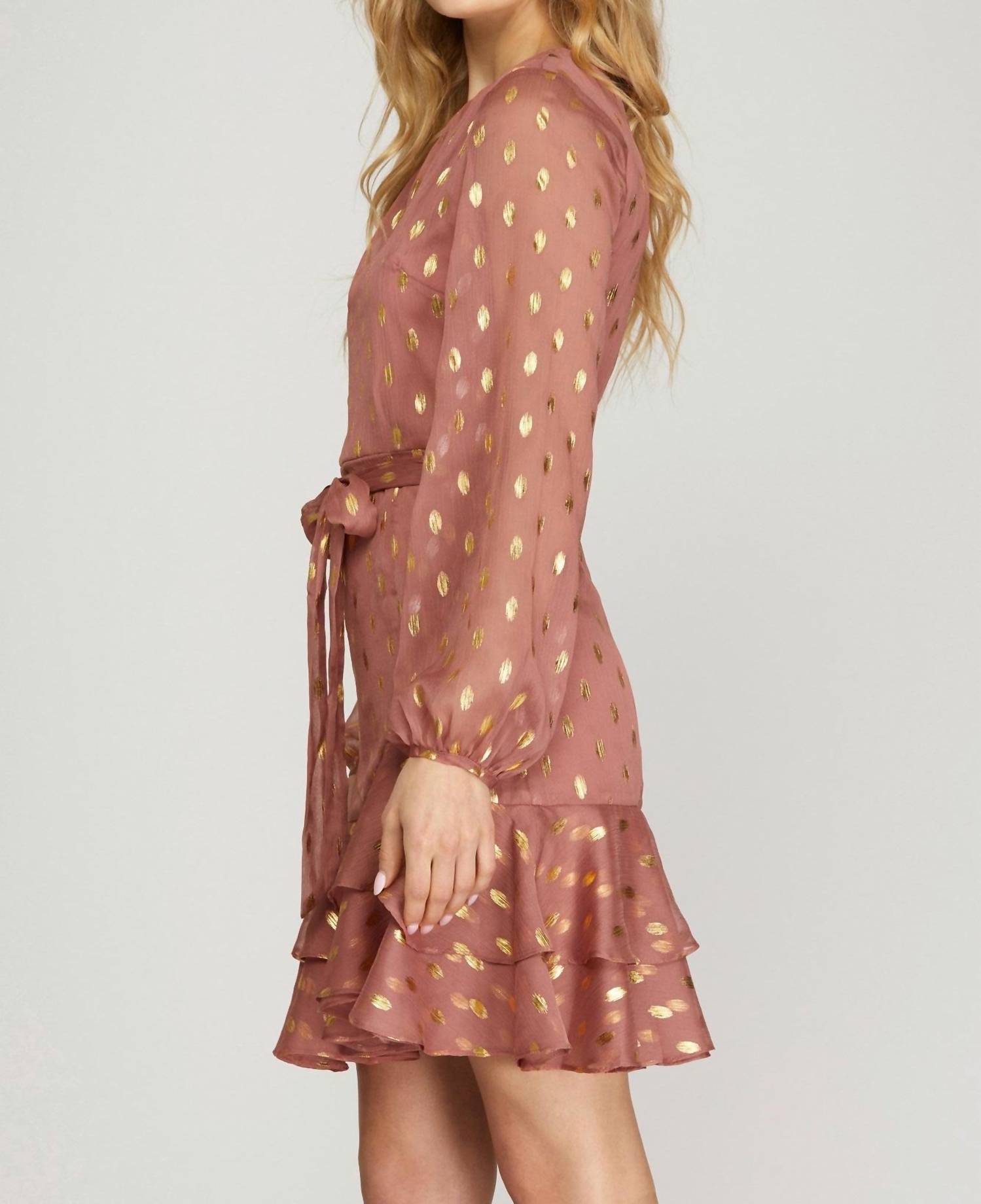 Gold-Dot Chiffon Dress With Ruffled Hem