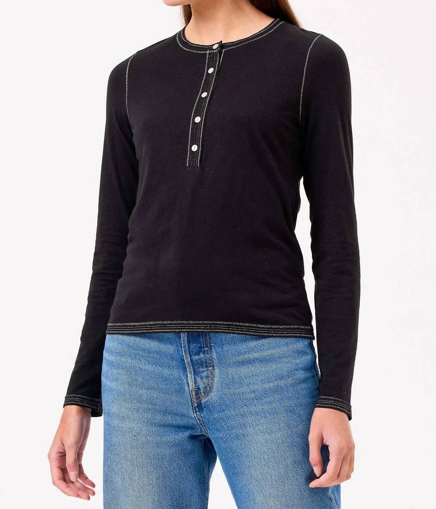 GOLDIE Celine Henley Top in black - women's long sleeve top