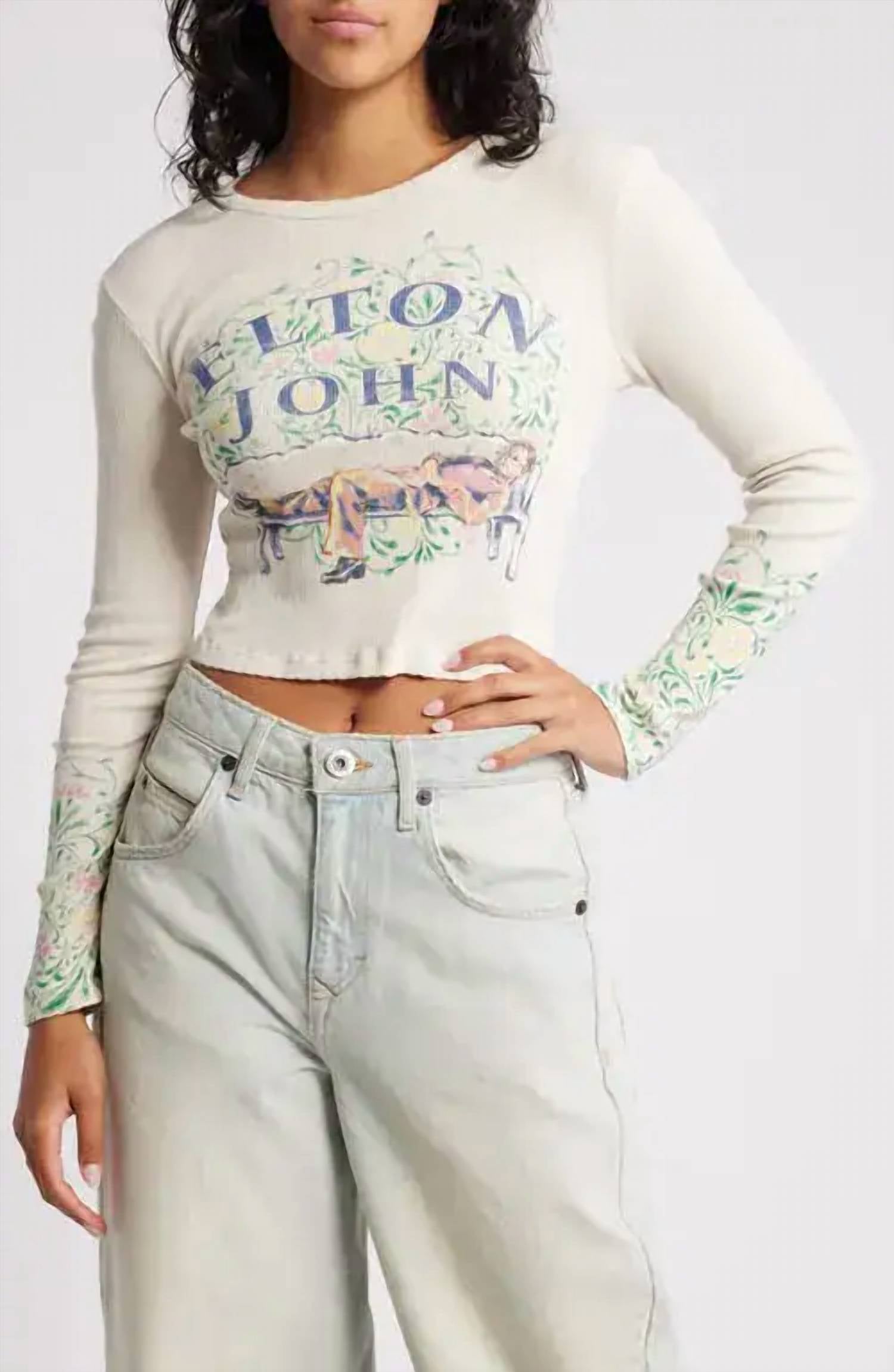 DAYDREAMER Elton John Floral Long Sleeve Top in dirty white - women's long sleeve top