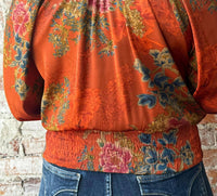 PAPARAZZI Print Shirred Peasant Top in rust - women's blouse - alternate view