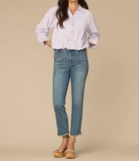 Democracy Tucked Sleeve Smocked Button Down Bubble Hem Splice Stripe Woven Shirt in frosted iris - women's shirt - view 4