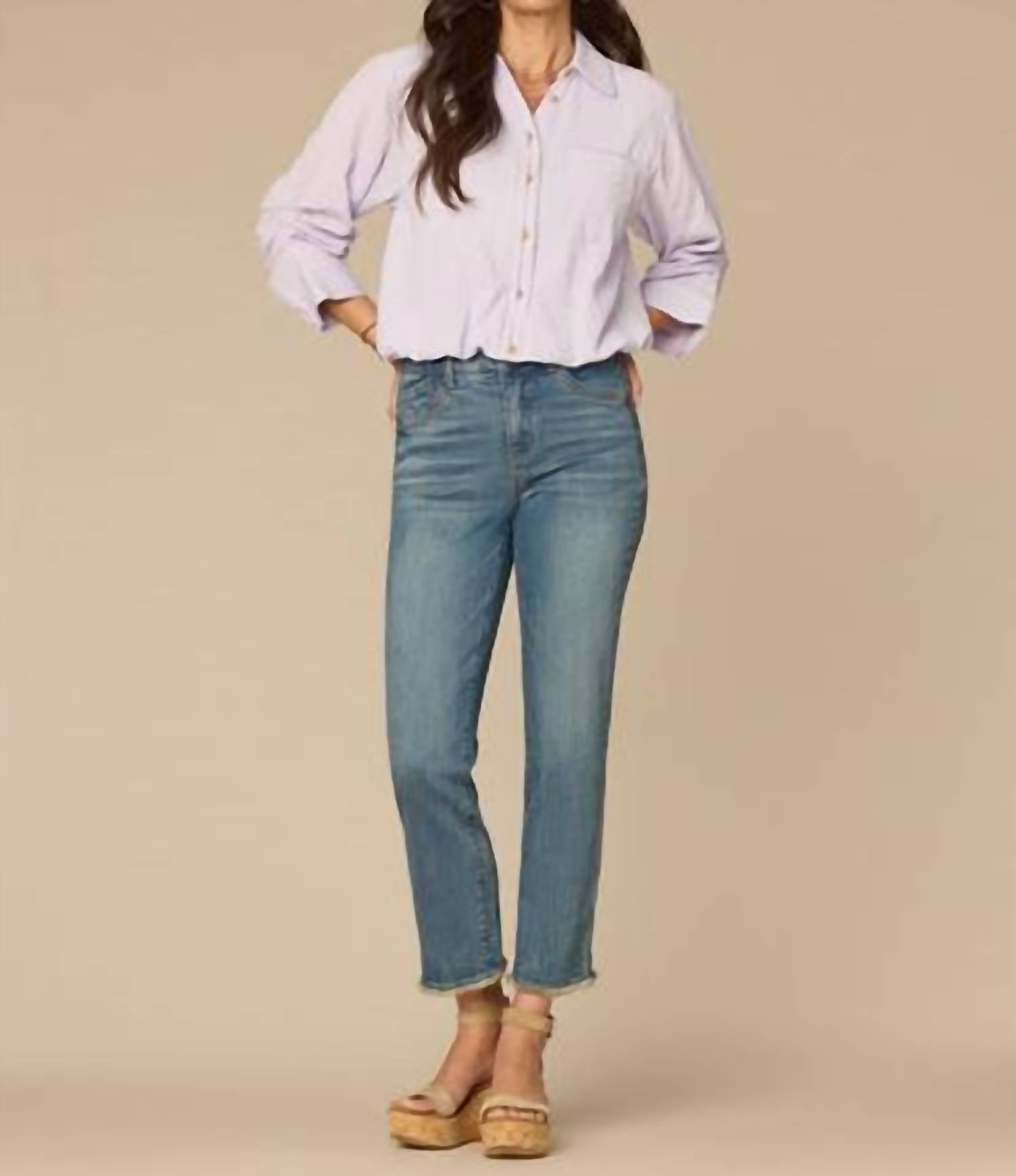 Democracy Tucked Sleeve Smocked Button Down Bubble Hem Splice Stripe Woven Shirt in frosted iris - women's shirt - view 4