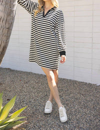 Voy - Kristy Collared Long Sleeve Striped Knit Dress