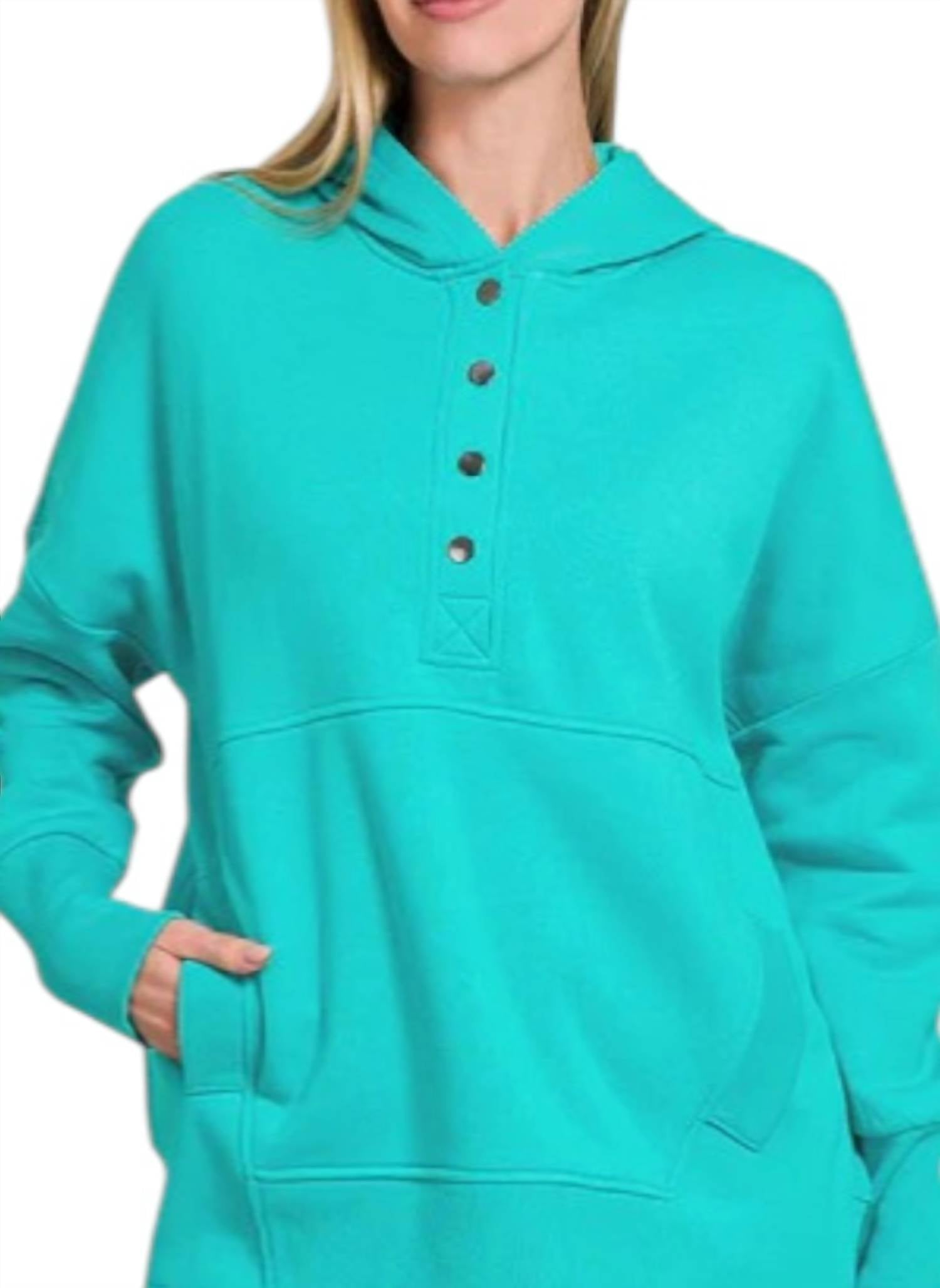 Zenana - Fleece Half-snap Button Hooded Sweatshirt