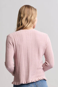 BAREFOOT DREAMS Cozychic Ultra Lite Cable Knit Cardigan With Ruffles in teaberry - women's cardigan - detail view