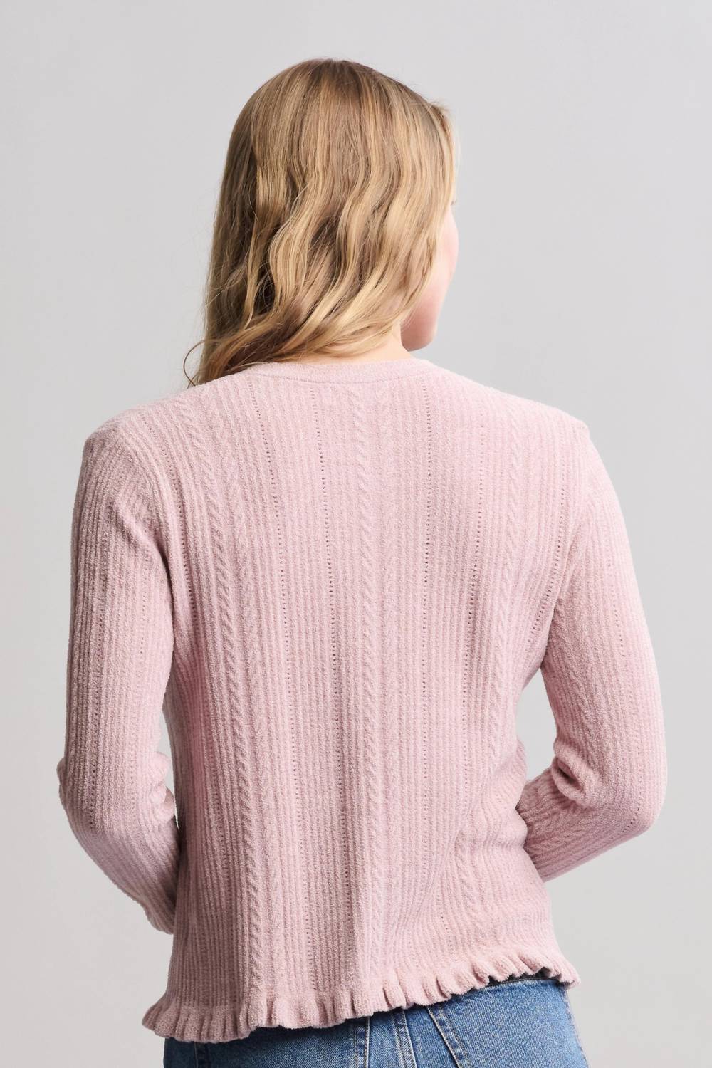 BAREFOOT DREAMS Cozychic Ultra Lite Cable Knit Cardigan With Ruffles in teaberry - women's cardigan - detail view