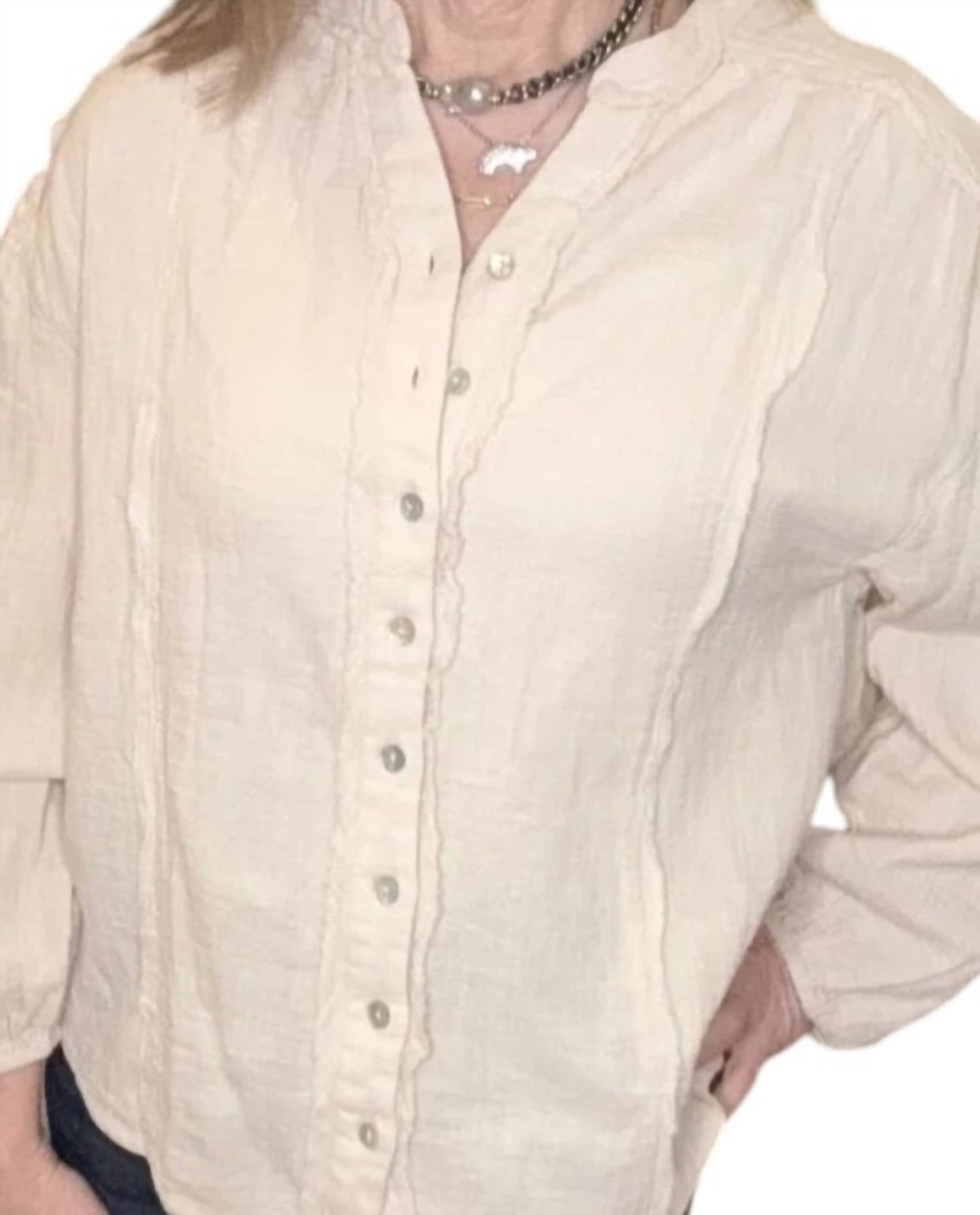 ELAN Long Sleeve Button Down Top in natural - women's shirt - alternate view