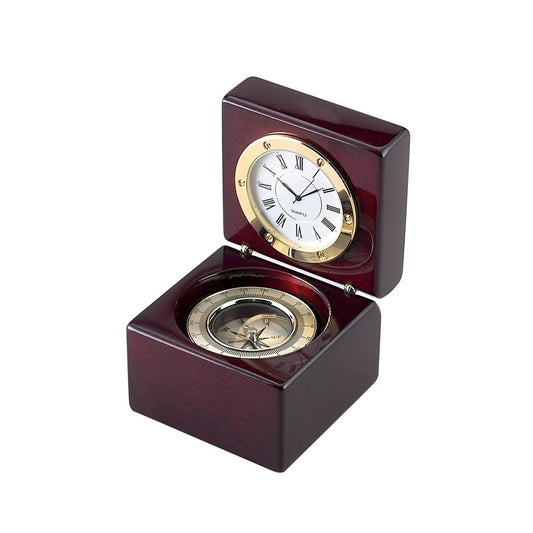 Creative Gifts International - Square Wood Box With Clock & Compass