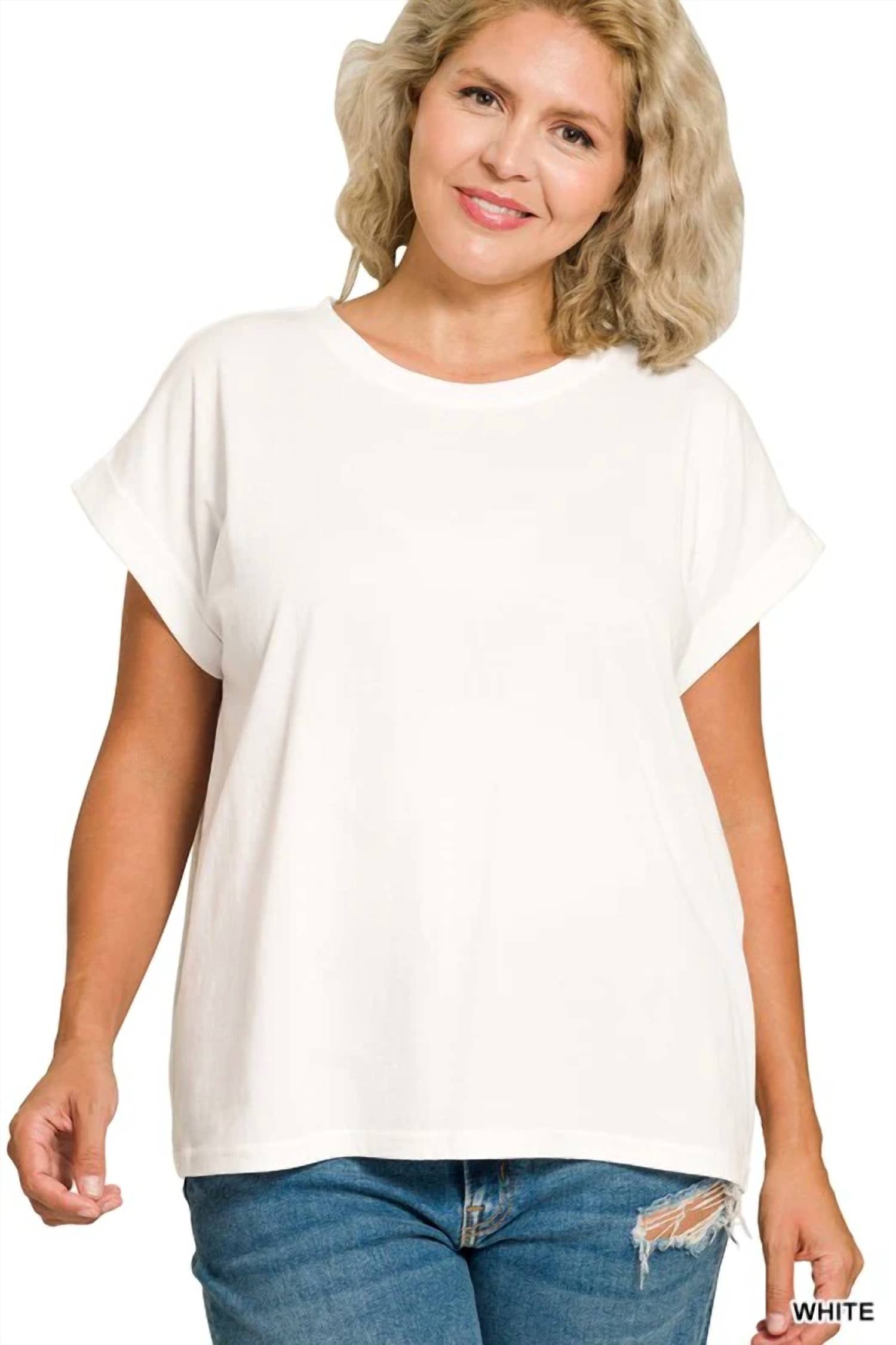 Zenana - Round Neck Folded Short Sleeve T-shirt