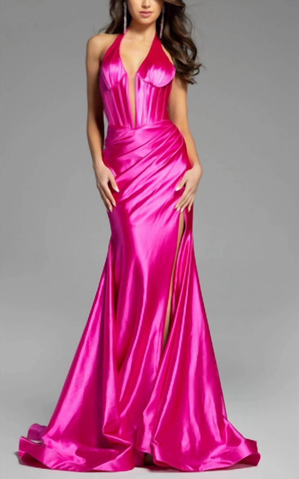 Jovani - Halter Satin Gown With Ruched Wrap Skirt