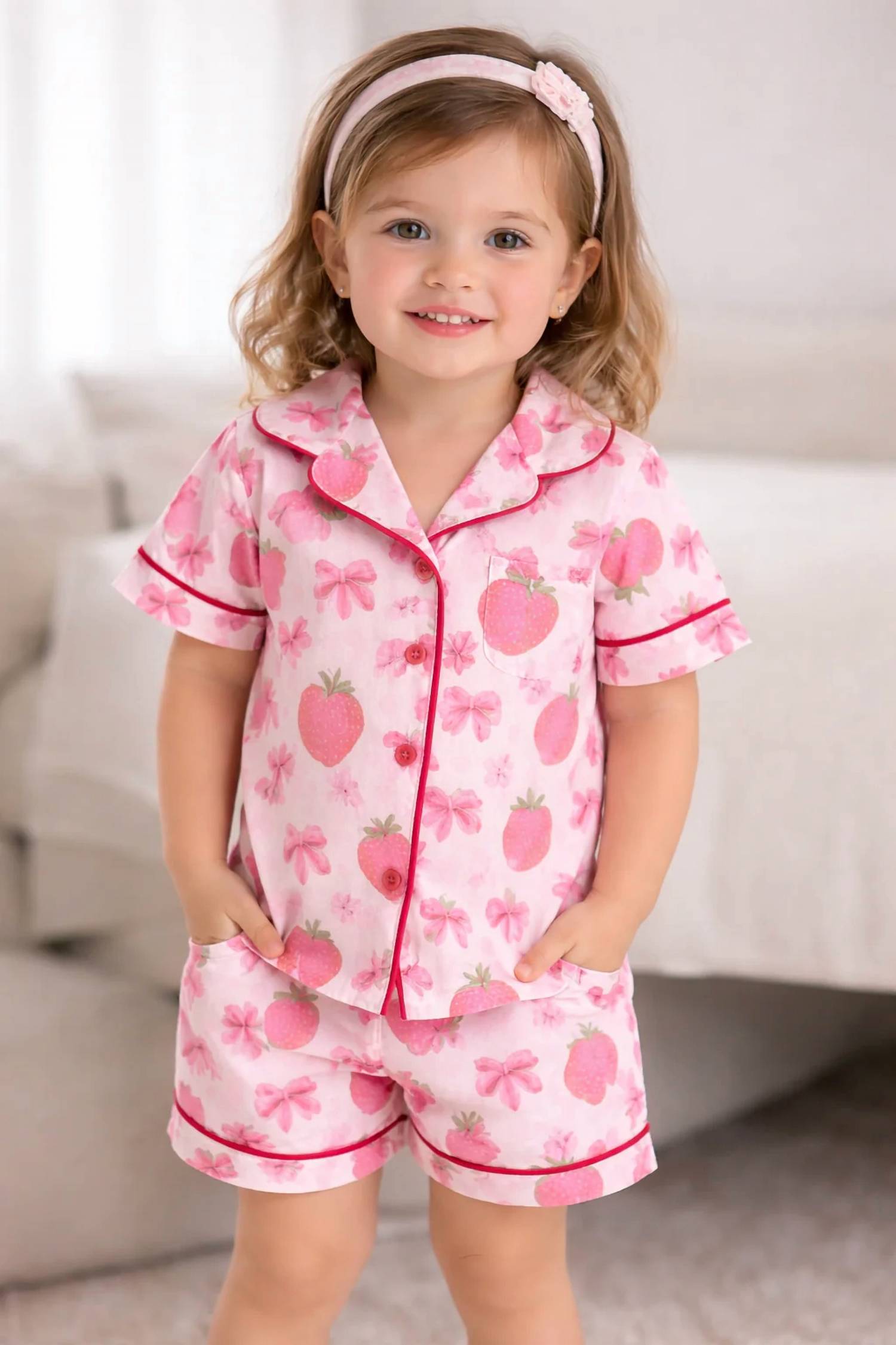 Rylee Faith Designs - Girls Strawberries & Bows Short Sleeve Shorts Pajama Set