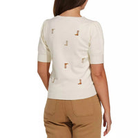 Gilli - Round Neck Puff Sleeve Embroidered Knit Top