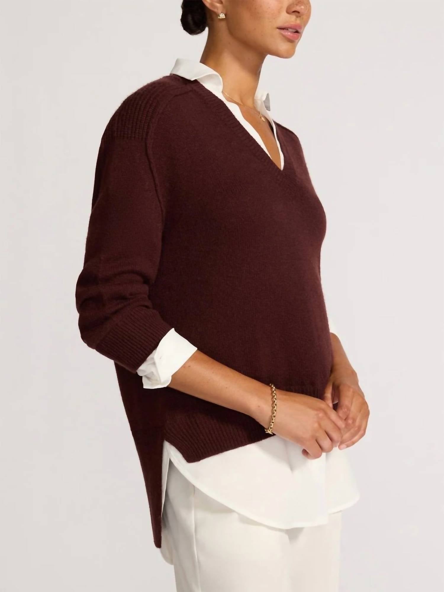 Brochu Walker V-Neck Layered Pullover Sweater in cordovan - women's sweater - detail view