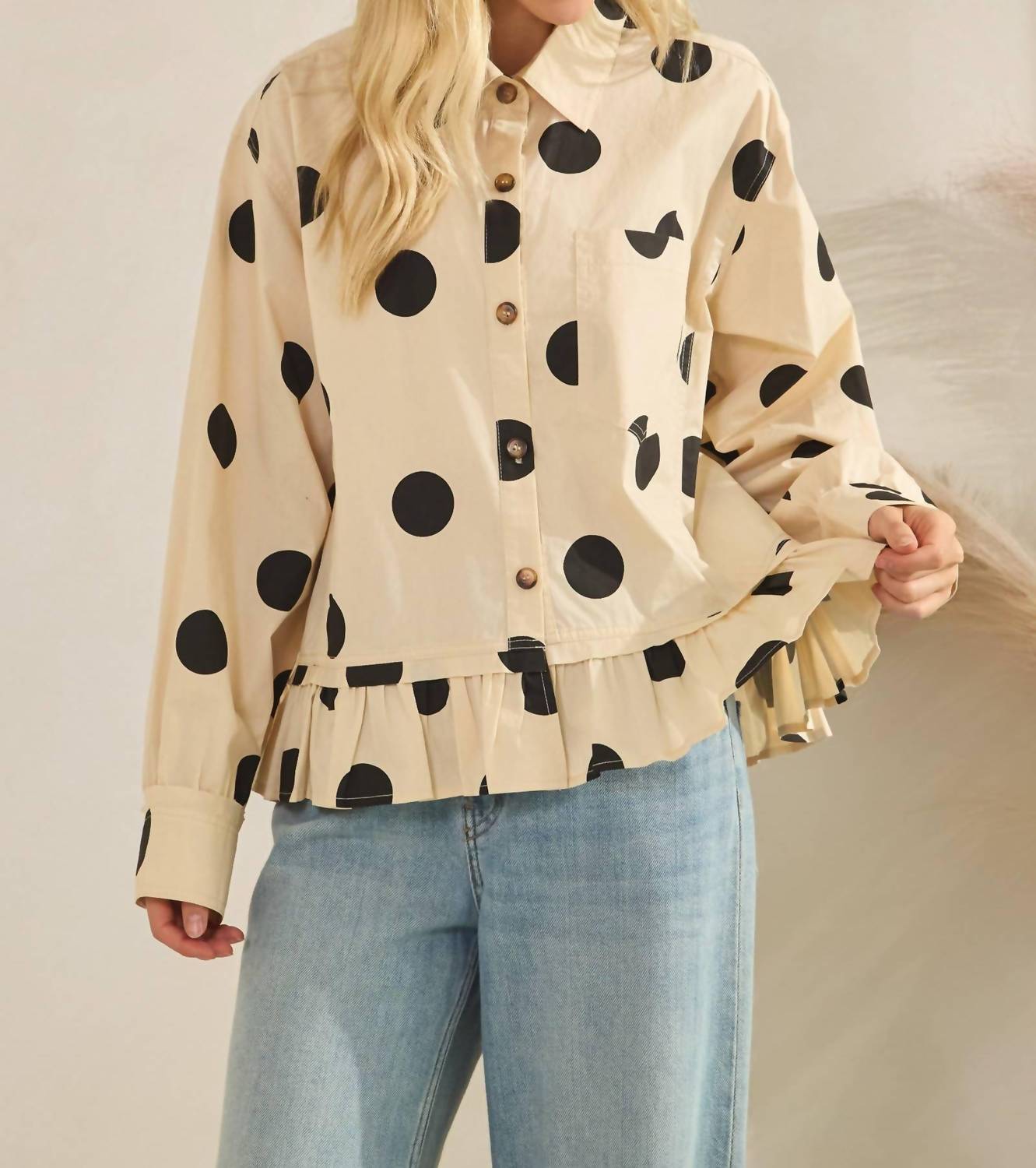 Sewn and Seen Kip Polka Dot Ruffle Hem Top in cream - women's blouse - alternate view