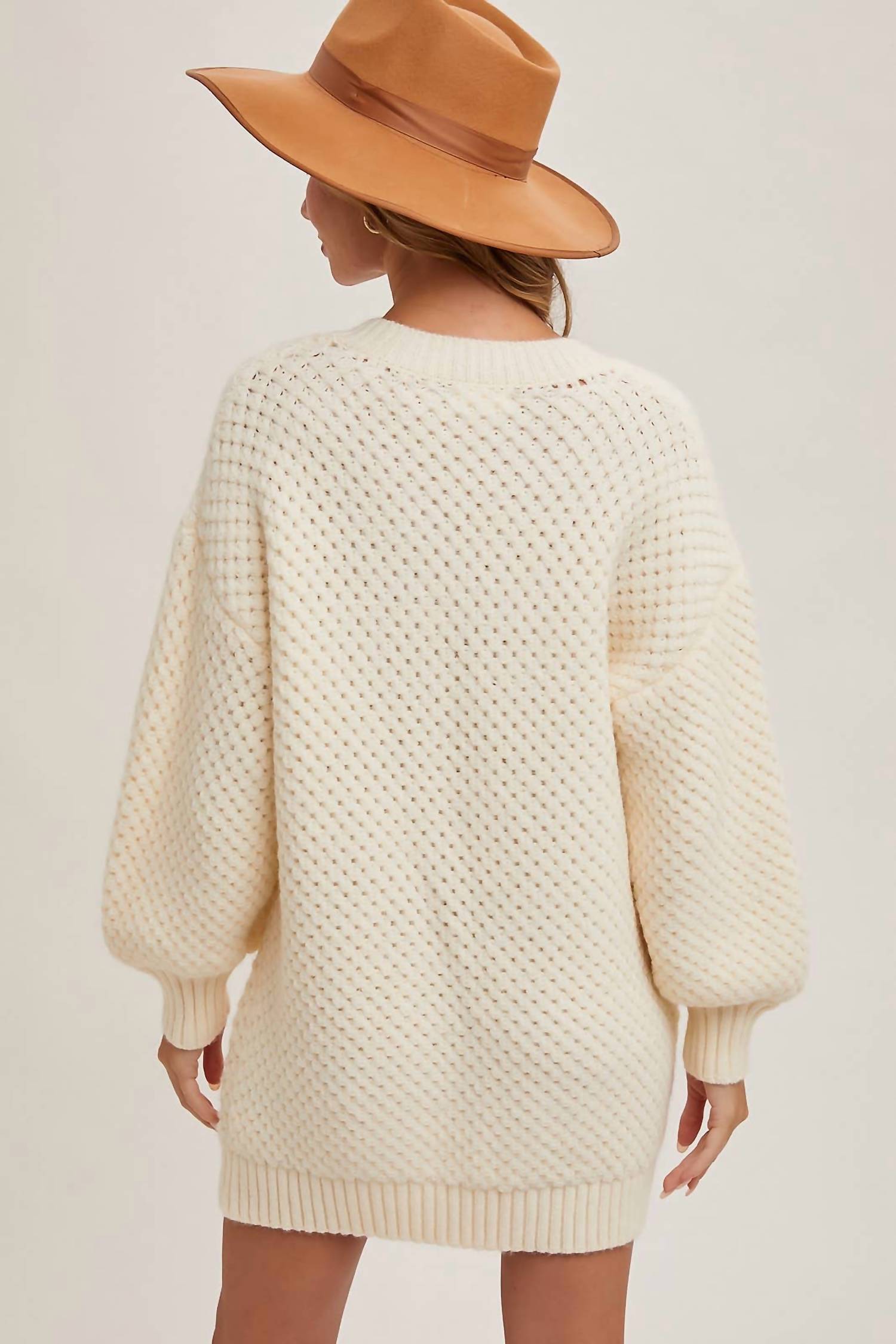 Bluivy - V-neck Bubble Sleeved Knit Sweater Tunic
