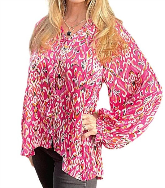 Satin Print V-Notched Long Sleeve Top