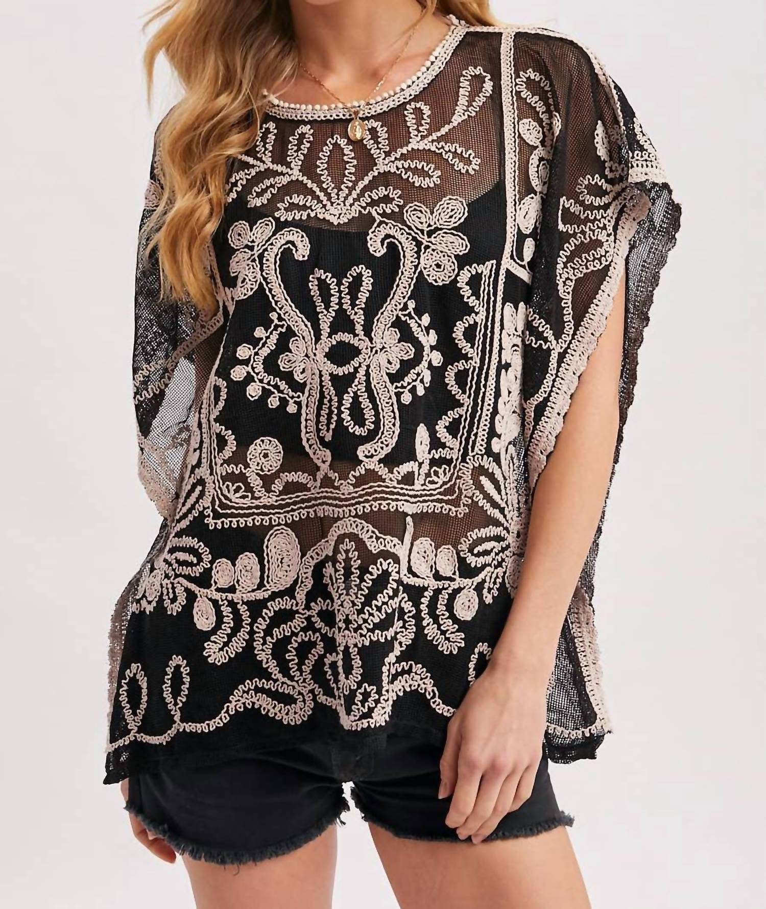 Bluivy - Embroidered Mesh Crochet Top